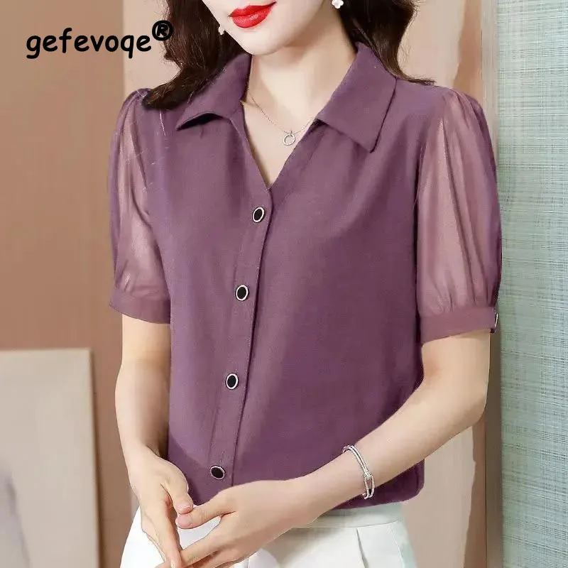 2023 verão gola polo roupas femininas cor sólida único breasted fio líquido retalhos topos feminina elegante moda chiffon camisa