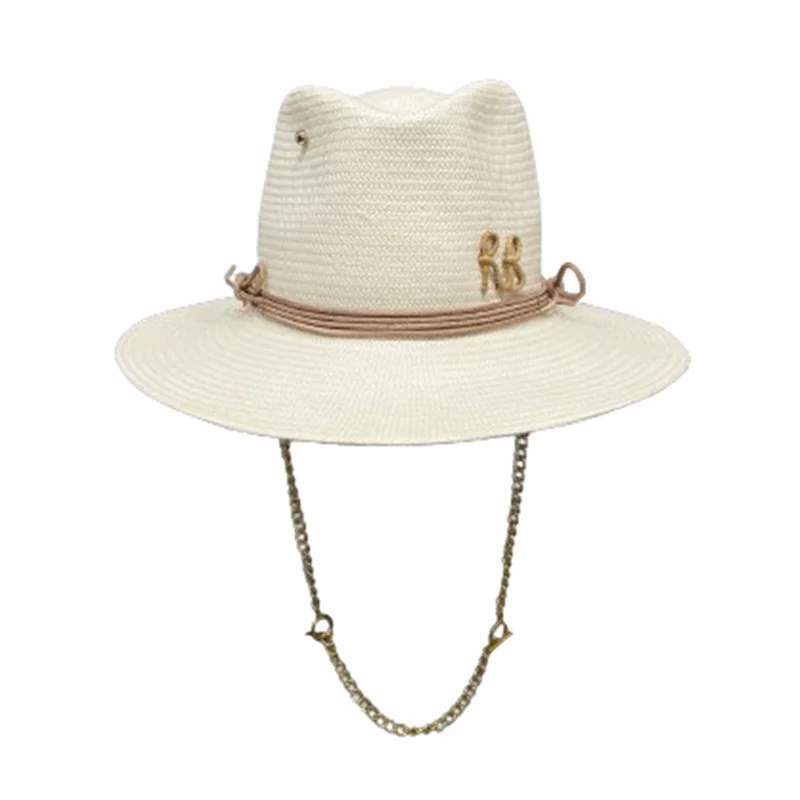 2024 summer new arrival Pierced Chain Strap Fedora Hat for women RB straw hat