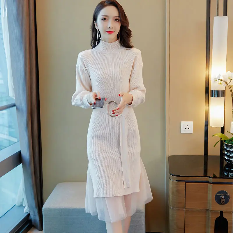 

Women's Autumn Winter Patchwork Mesh Sweater Dresses 2023 New Female Slim Bottom Dresses Casual Knitted Belt Outside Dresses