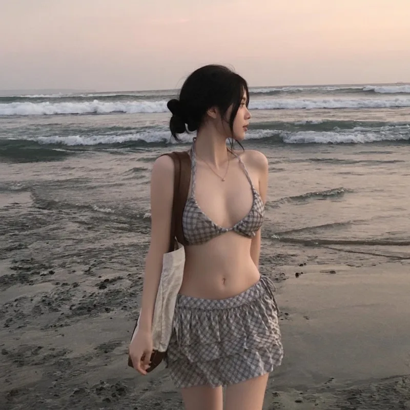 New Split-Back Swimsuit Women's 3-Piece Set Fashion Sweet Girl Charming Plaid Slimming Cover-Up Beach Resort Swimsuit for Women