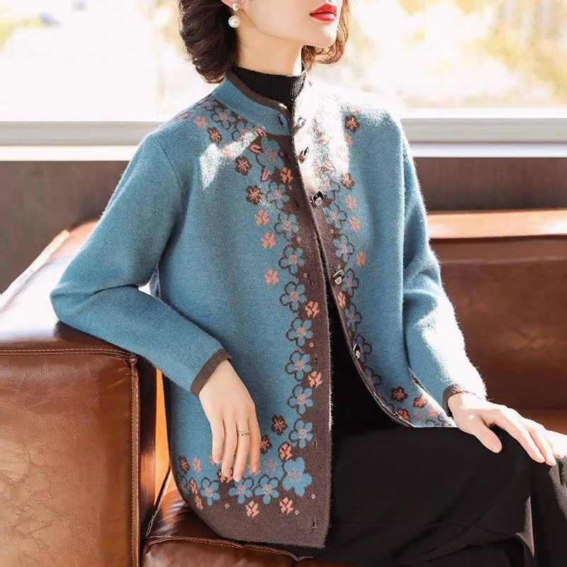 

New Knitwear Woolen Women's Clothing Vintage Printed Buttons Cardigan Sweater Jacket Spring Autumn Mother Knit Jumper Coat