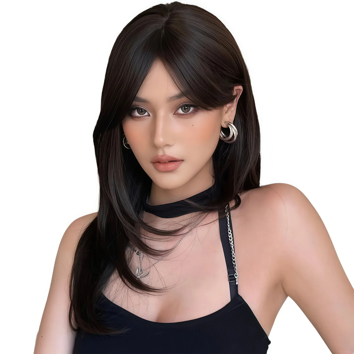 شعر صناعي مفرود بني متوسط الطول، طراز أوروبي وأمريكي للنساء مناسب للارتداء اليومي وأعياد الميلاد