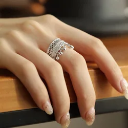 925 Sterling Hollowing Out Ring for Women Girl Tassels Leaf Retro Opening Jewelry
