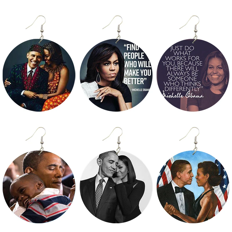 Voikukka Jewelry 6 CM Circle Barack Michelle Obama Pattern Wooden Both Sides Printing Dangle Pendants Women Earrings For Gifts