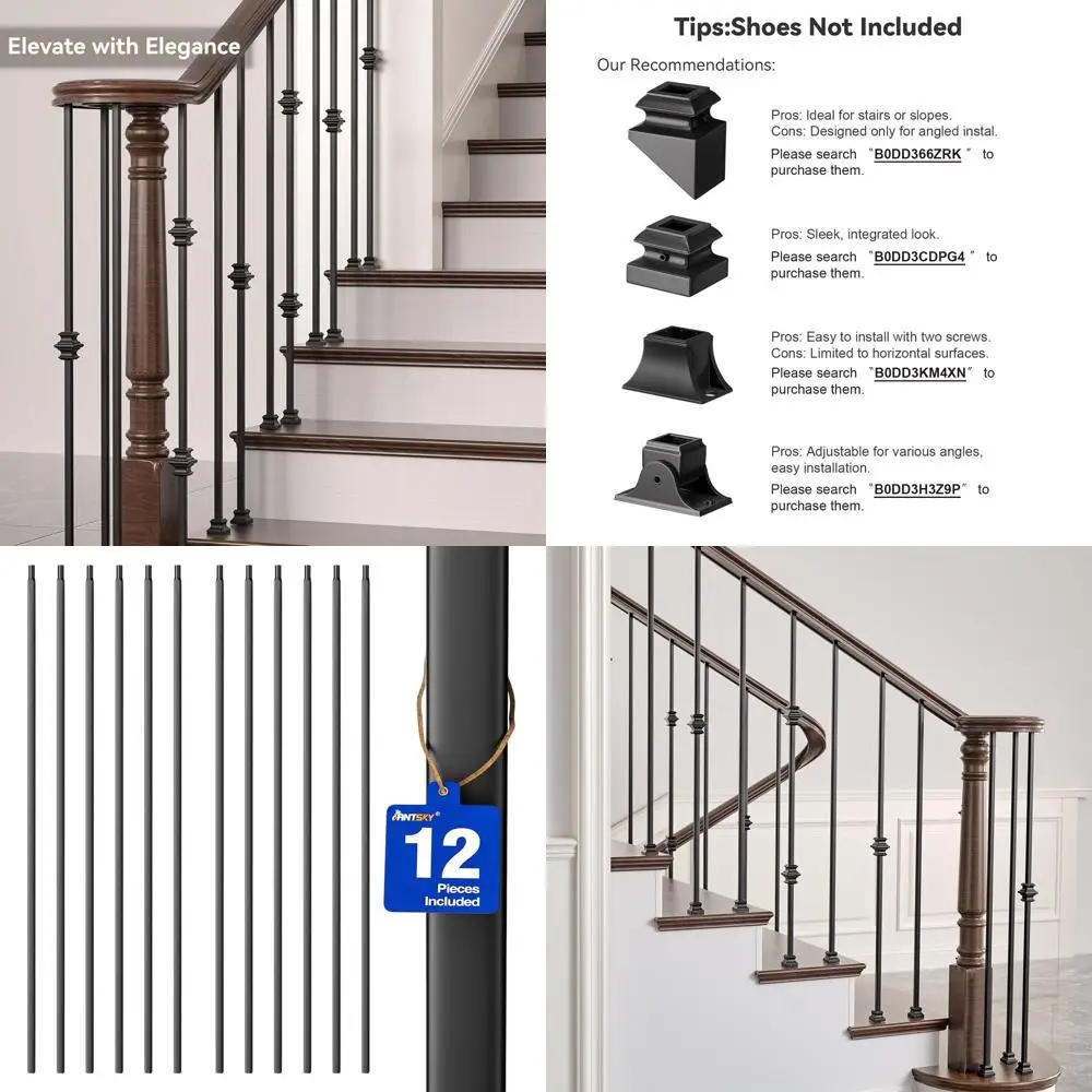 

12-Pack Black Hollow Iron Balusters for Indoor Stair Railing and Deck Spindles