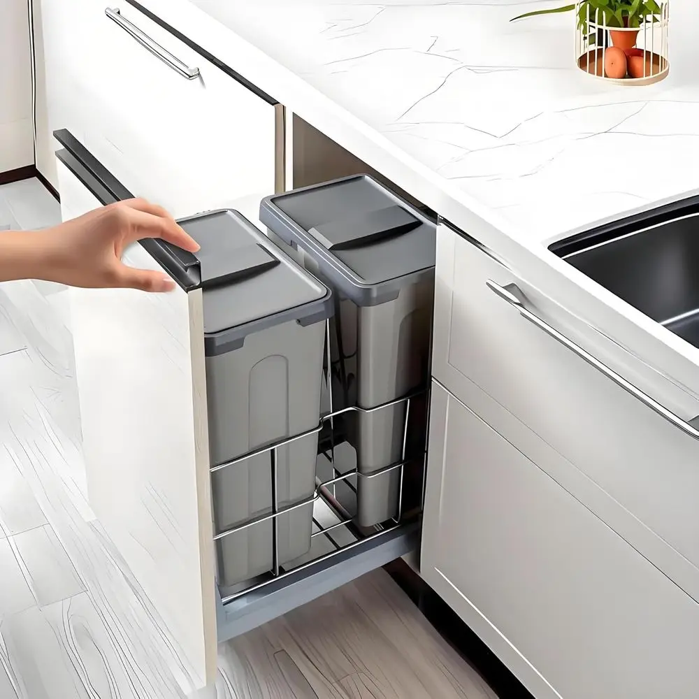 

Двойной выдвижной контейнер для мусора и вторсырья с плавным закрыванием, серый, 2x24Q, для кухонного шкафа под раковиной