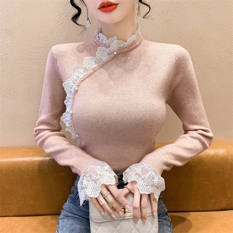 

2025, новинка, осень, зима, европейский, одежда, вязаный, свитер, женский, шикарный, сексуальный, пэчворк, кружево, бисер, топы, длинный рукав, тонкий, пуловер, 4117