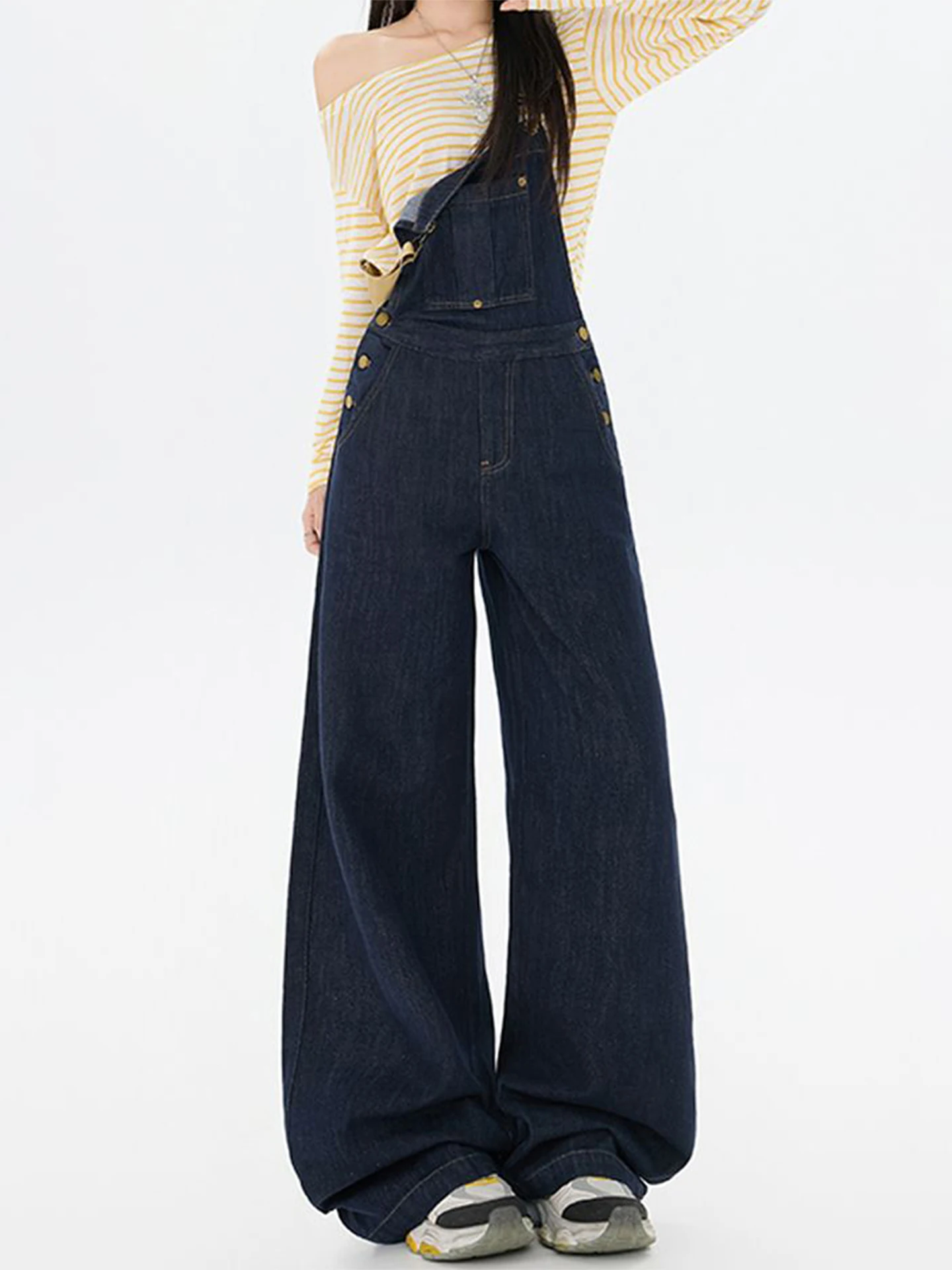 Lababite American Sle Deep Blue Wide Leg Denim Overalls Women's New 2025 High Waist Cargo Pants Casual Loose Fit Autumn
