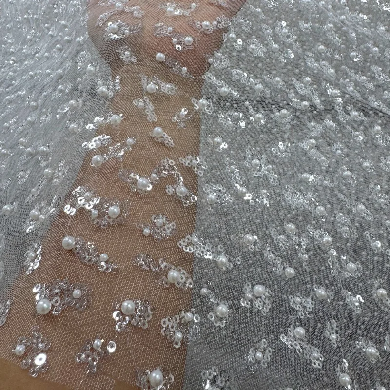 

1.35M Wide,New Elegant Simple Nail Bead Sequins Pearl Lace Transparent Fabric Handmade Wedding Dress and Evening Gown Decoration