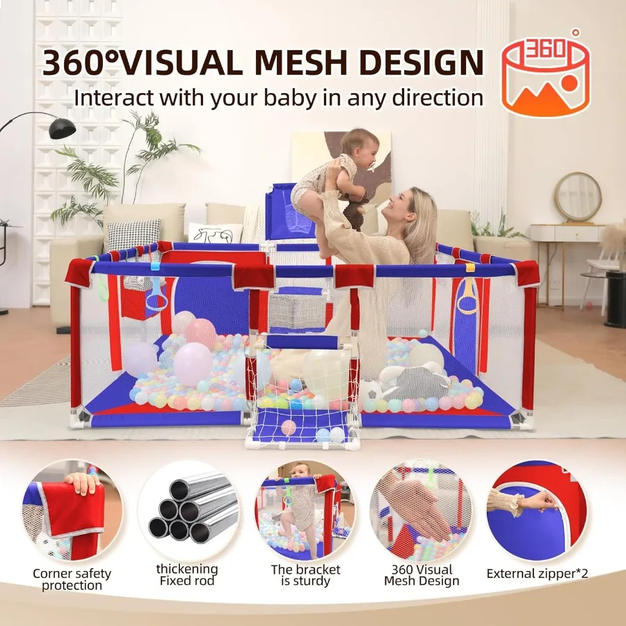 Kojec dla niemowląt i małych dzieci, kojec dla dzieci o wymiarach 185x180 cm z matą, do użytku wewnątrz i na zewnątrz, oddychający kojec z piłeczkami do zabawy i zawieszkami.