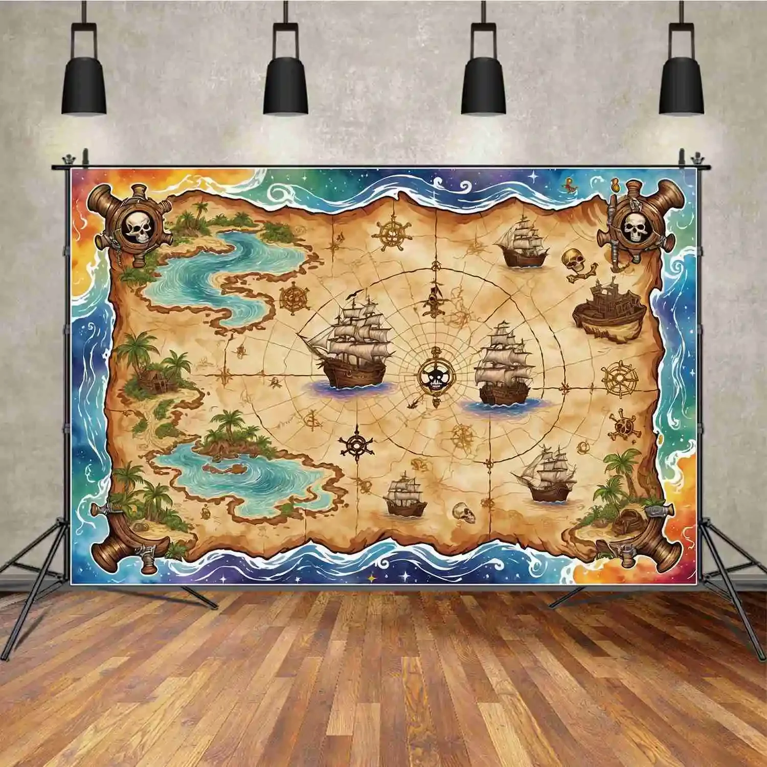 MOON.QG Backdrop Pirate World Map Fairy Birthday Photo Backgrounds Skull Wheel Treasure Ship Decoration Boys Photography Props