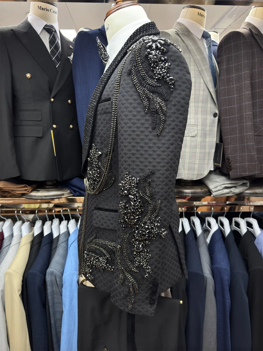 Черный мужской костюм, комплект из 2 предметов: пиджак + брюки, брюки, кристаллы, камень, хлопок, индивидуальный формальный офисный пиджак, свадебный смокинг для жениха, пальто