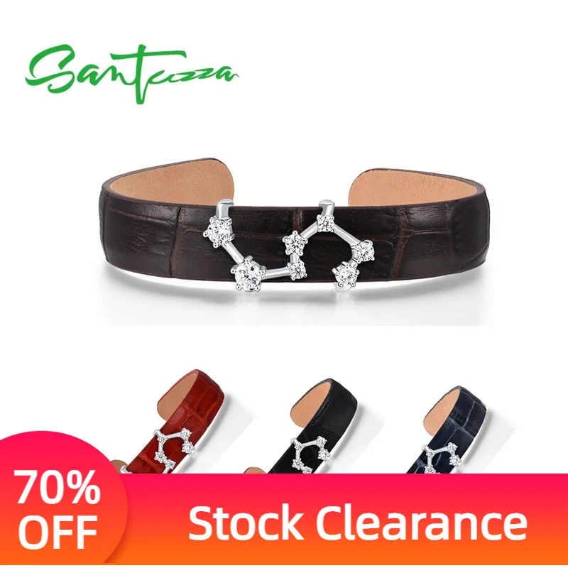 

SANTUZZA 925 Sterling Silver Bracelet Bangle for Women Adjustable Leather Leo Constellation браслеты на руку Gifts Fine Jewelry