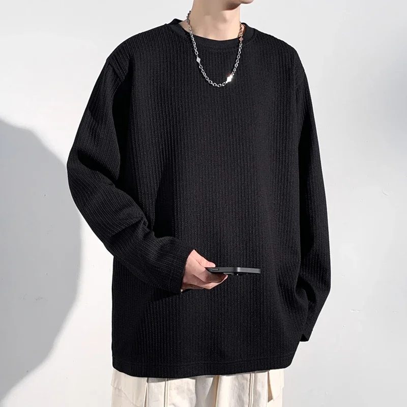 Men Ribbed Knit Crew Neck Long Sleeve T Shirt Solid Color Loose Cut Soft Casual Basic Tops Streetwear Daily Outfit