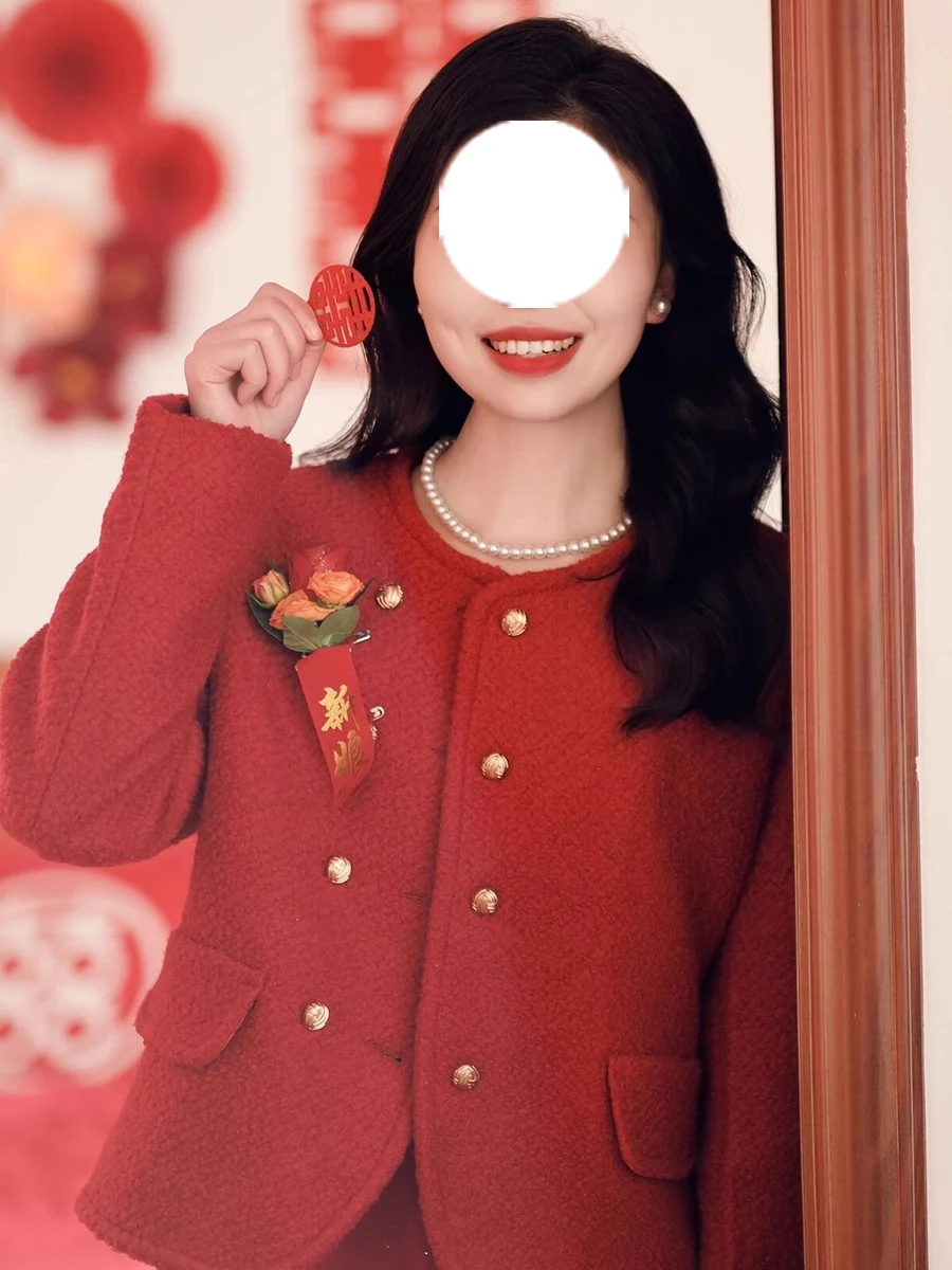 

Весенний новый красный свадебный костюм для помолвки: модный комплект из пальто и платья для будущих невест