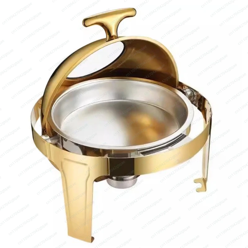 6L Large Roll Top Round Dining Silver Chafing Dish Food Warmer，Hotel Large Stainless Steel Gold Hot Pot