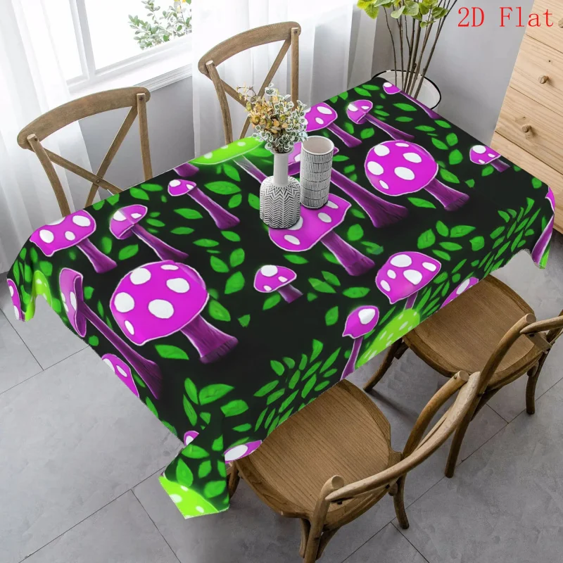 1pc 2D Flat Banner Neon Mushroom Tablecloth – Black Base with Vibrant Neon Green And Purple Mushroom Design, Durable Rectangular