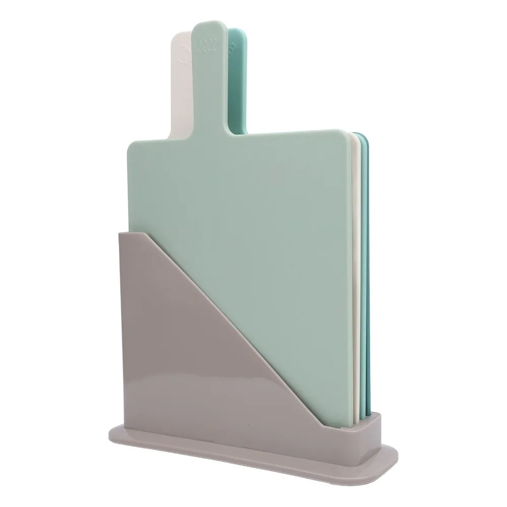 Plastic Cutting Board Set Green Beige Grey with Storage Stand Chopping Boards Food Icons Dishwasher Safe Chopping Board Set