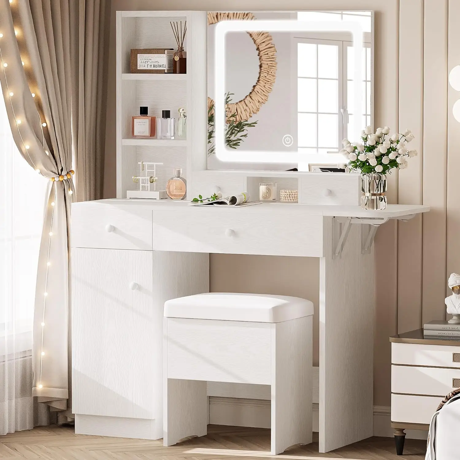 LIKIMIO Vanity Desk with Drawers & LED Lighted Mirror & Power Outlet & Cabinet, Storage Stool, Stylish Bedroom Makeup Table Set,