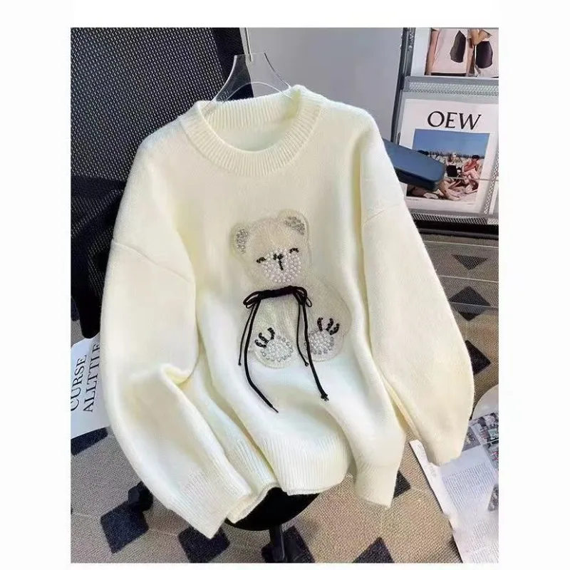 Cartoon Bear Bow Cute Knitted Sweater Women Pullover Long Sleeve O Neck High Street Korean Fashion Jumpers Autumn Winter Y2k Top