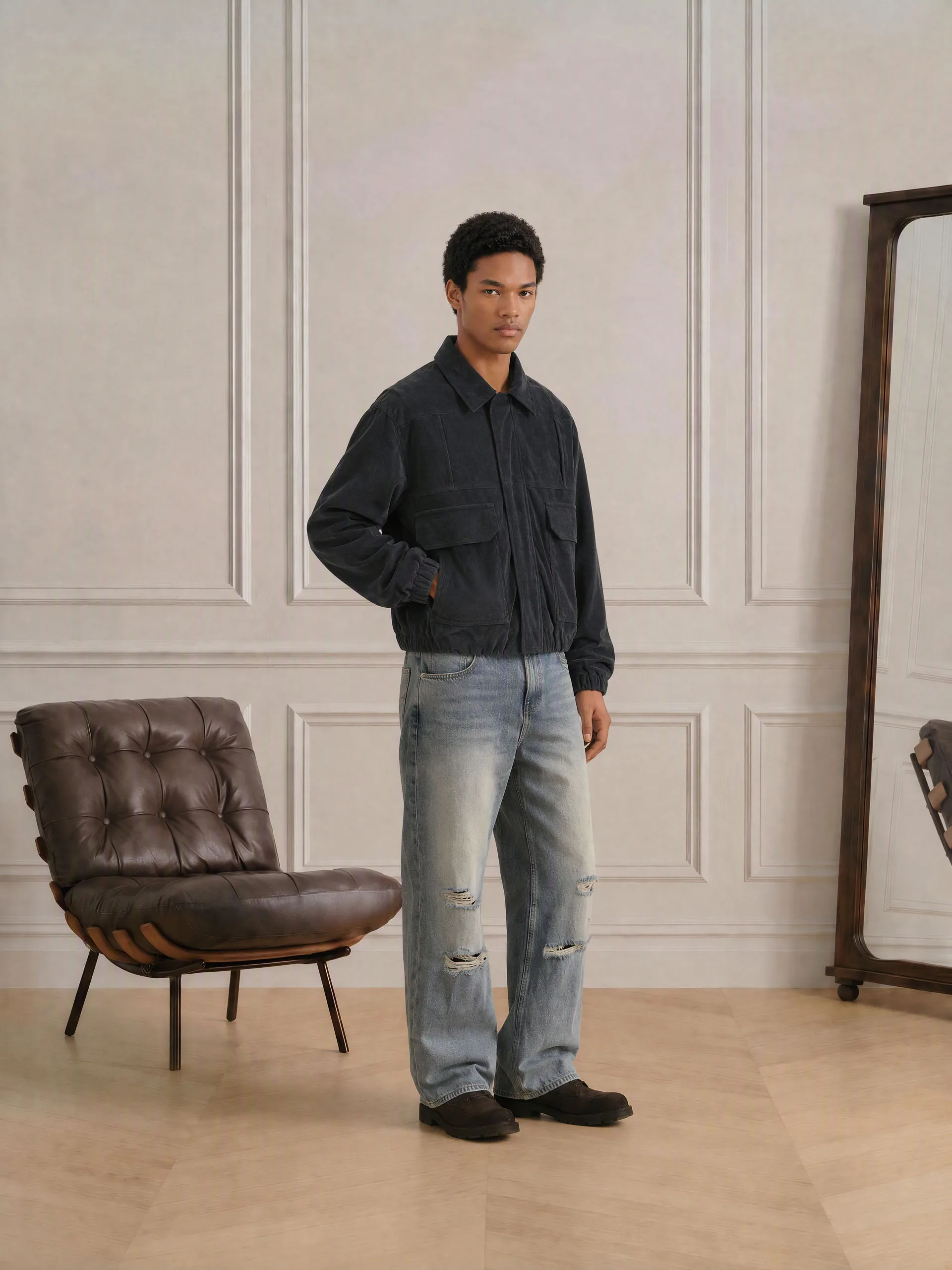 Men Vintage Faux Suede  Utility Bomber Jacket