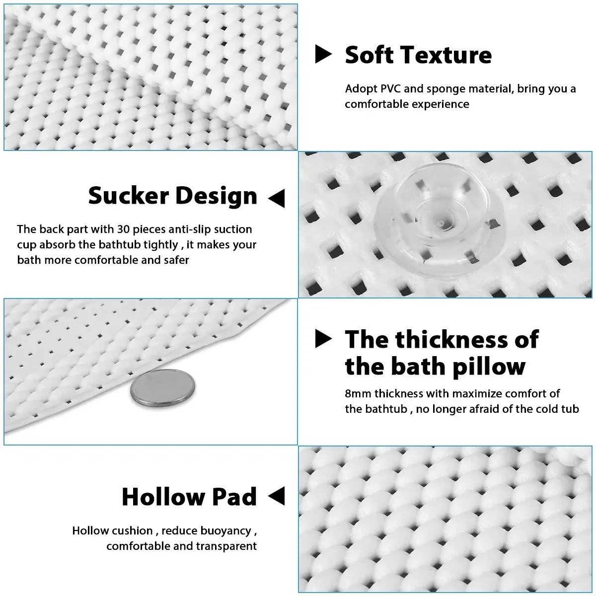 Extra Long Soft Bathtub Shower Mat With Pillow Back Bathmat with Suction Cups & Drain Holes for Bathtub Non-Slip Bath Mats