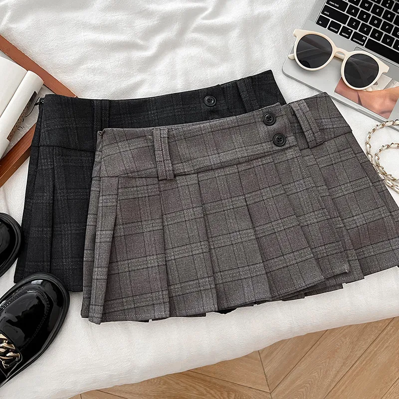 Women Khaki A-line Plaid Pleated Skirt Vintage Fashion Y2K Gyaru Skirt High Waist Preppy Style Retro Midi Skirt for Women Summer