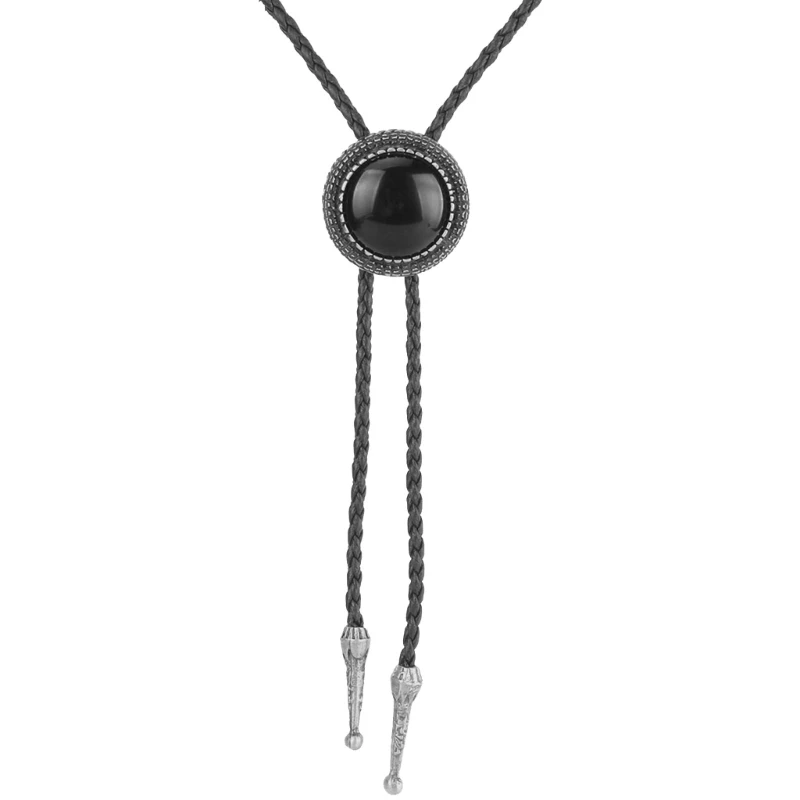 Round Stone Cowboy Bolo Tie Western Braided Artificial Leather Rope Necktie Jewelry Shirt cOLLAR Chain Necklace