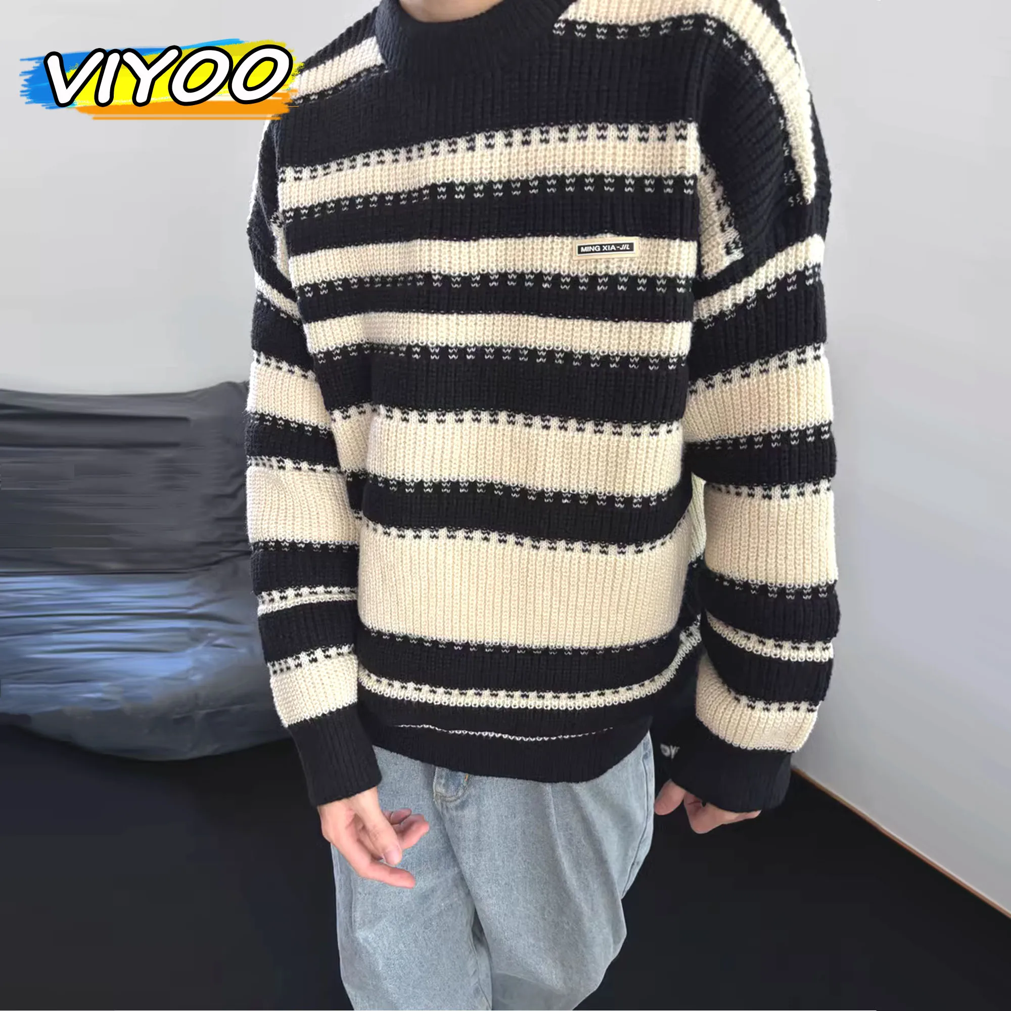 Men's Y2K Thick Knit Knitwear Striped Sweater Pullovers Couple Cold Blouse Tops Women Korean Winter Autumn Clothes Sweatshirts