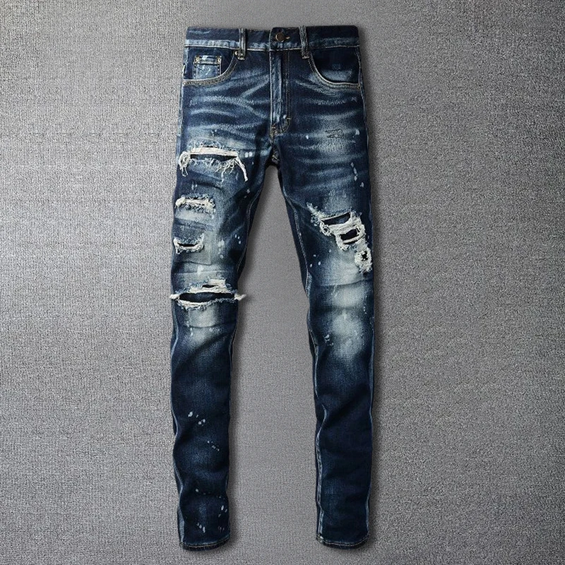 High Quality Ink Splash Men Patchwork Ripped Jeans Hole Design Stretchy Hip Hop Style Trousers For Men Pantalon Vaqueros Hombre