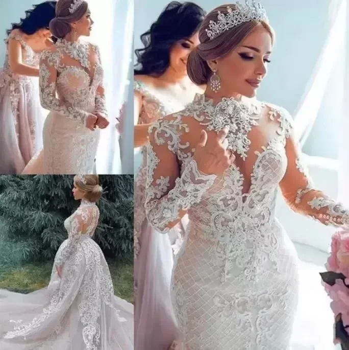 

Customized Arabic Dubai Lace Mermaid Dresses With Detachable Train High Neck Appliuqe Long Sleeves Plus Size Wedding Bridal Gown