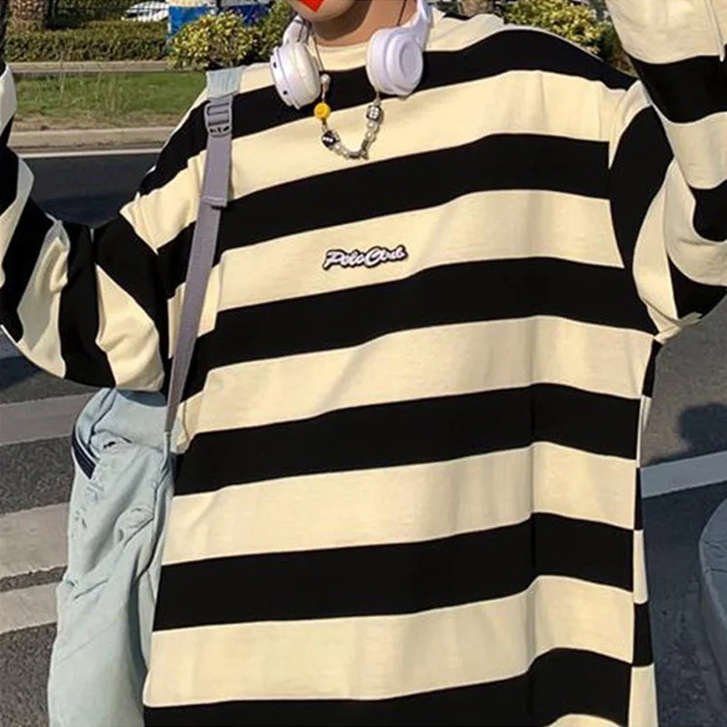 Spring Autumn Korean Fashion Striped Hip Hop Sweatshirt Man Casual Long Sleeve Tops Pullover Ropa Hombre Streetwear Male Clothes