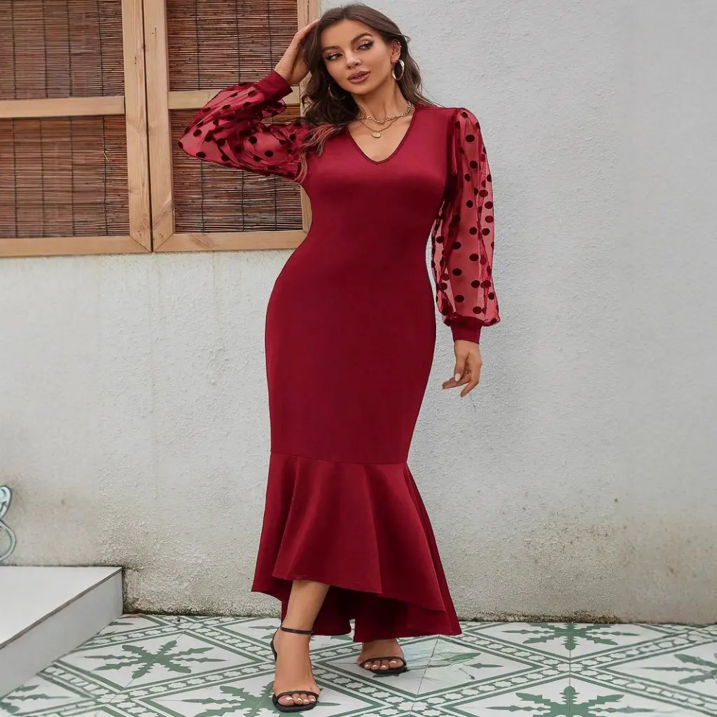 

European And American Women's Long Sleeve Ruffled Fishtail Dress Slim Fit Hip Lace Stitching Fashion Dress for plus Size