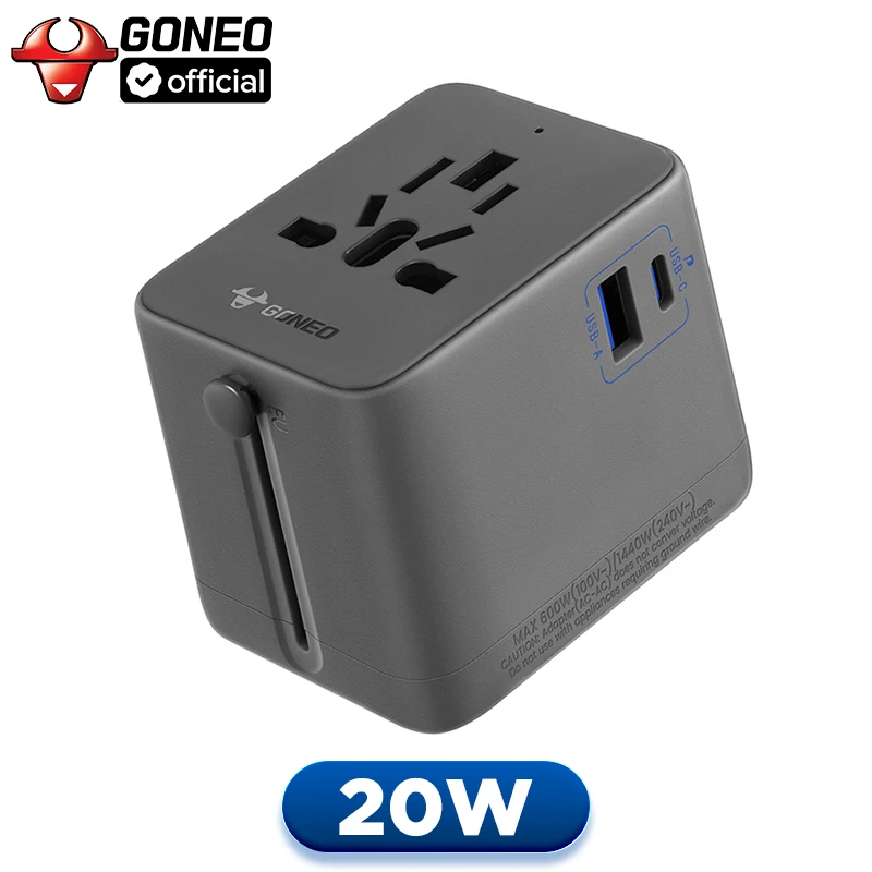 GONEO Safety Universele reisadapter met 1USB-C 1USB-A 2AC Alles-in-één wereldwijde stekker EU US UK AUS CN JP standaardadapter