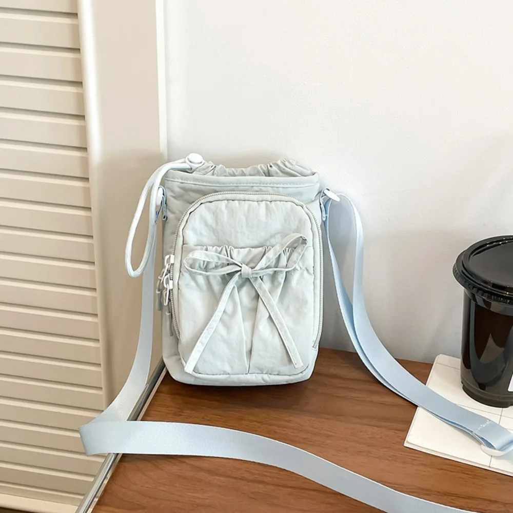 

Portable Bow Water Bottle Bag Drawstring Solid Color Phone Crossbody Bag Korean Style Minimalist Water Cup Bag Girl