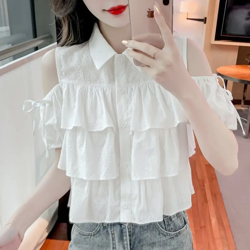 Women Sexy Off Shoulder Lace Up Chic Sweet Shirts Trendy Casual Ruffle Tierred White Blouses Short Sleeve Kawaii Tops Y2K Blusas