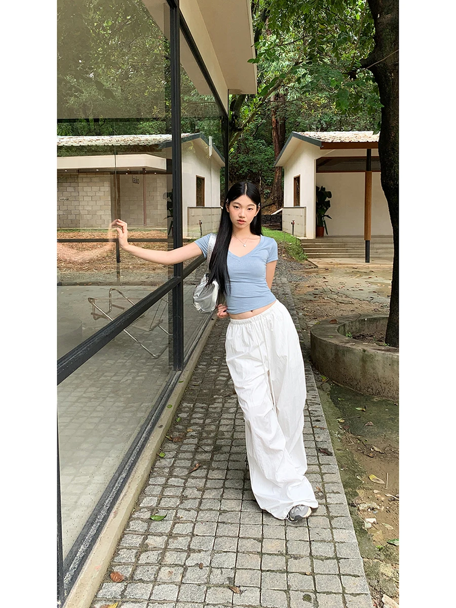 بنطلون نسائي أبيض واسع الساق بخصر مرتفع، سروال فضفاض غير رسمي للصيف، قصة مستقيمة وانسيابية، أسلوب G عصري للعمل #1