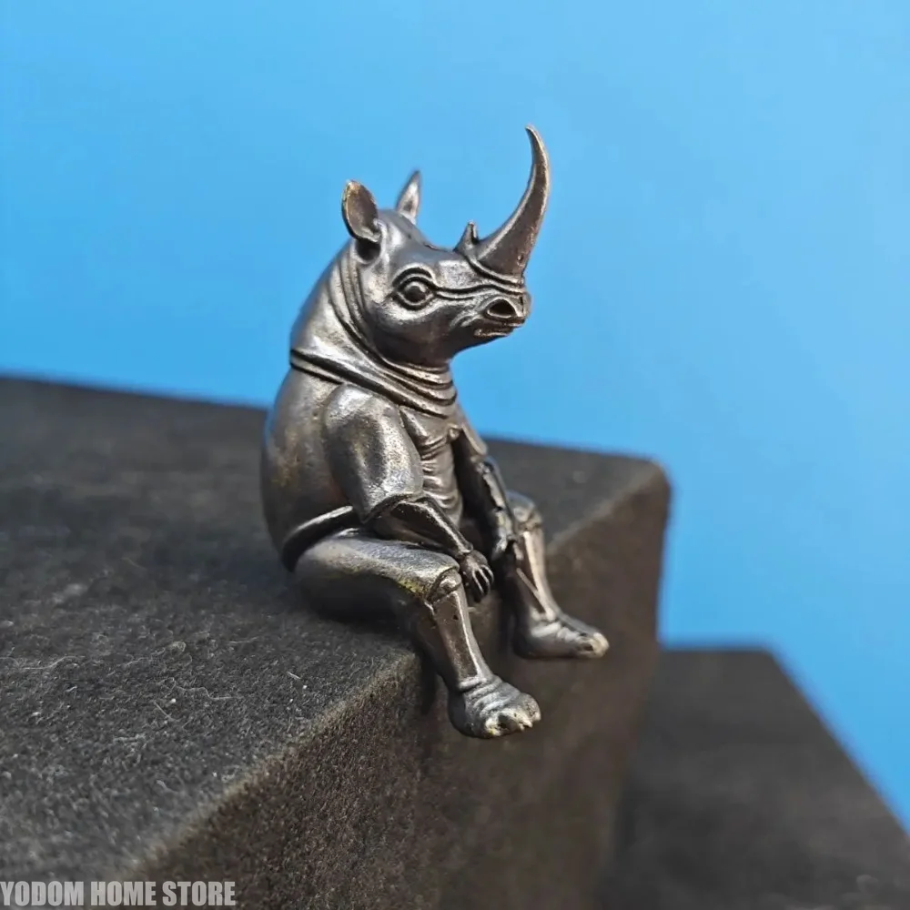 Antique Brass Sitting Rhinoceros Figurine - Retro Metal Realistic Animal Model for Desktop Decor, Collectible Mini Ornament