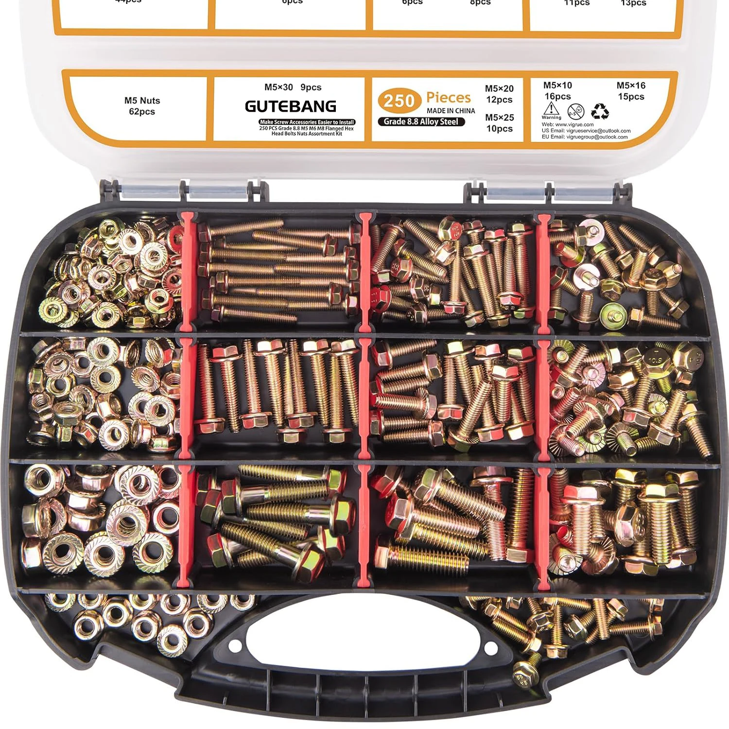 250-Piece 8.8 Grade Metric Bolt and Nut Combination Kit, M5 M6 M8 Flange Hex Nut and Bolt Kit, Yellow Zinc Plated