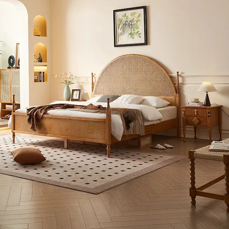 Rattan small apartment household solid wood master bed