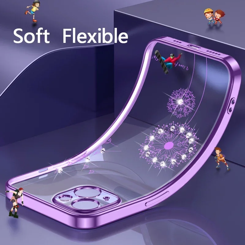 Luxury Dandelion Rhinestone Plating Soft Case for iPhone 12 13 11 14 Pro Max Plus Mini X Xs Xr Transparent Cover for Woman Girl image 2