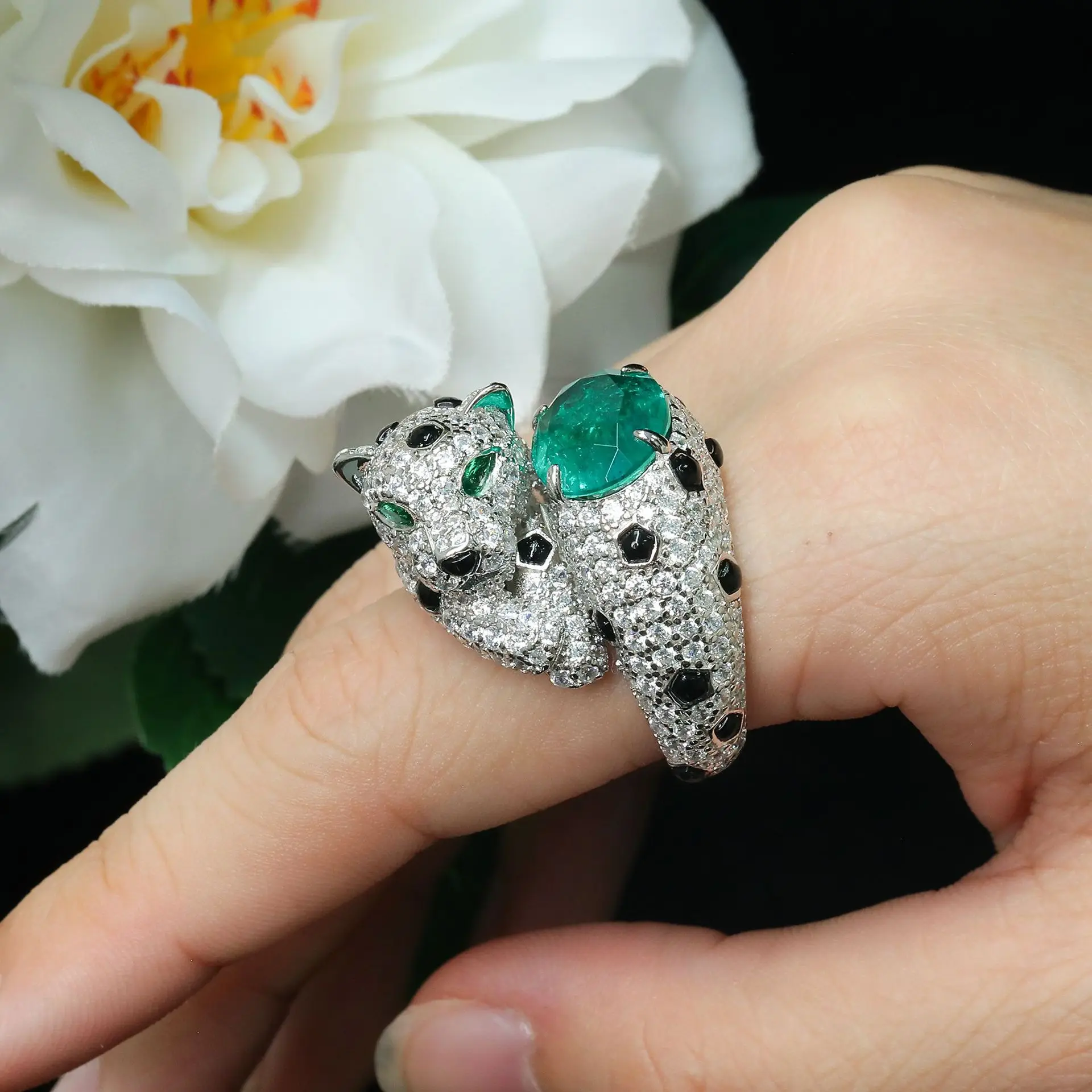 Lab-Grown Muzo Green Emerald Oval Leopard Black Enamel Ring 925 Sterling Silver Engagement Daily Fine Jewelry For Men And Women