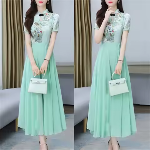 2024 New Summer Long Beach Maxi Dress Korean Fashion Chiffon Elegant Casual Floral Evening Dress For Women Prom Party Dresses