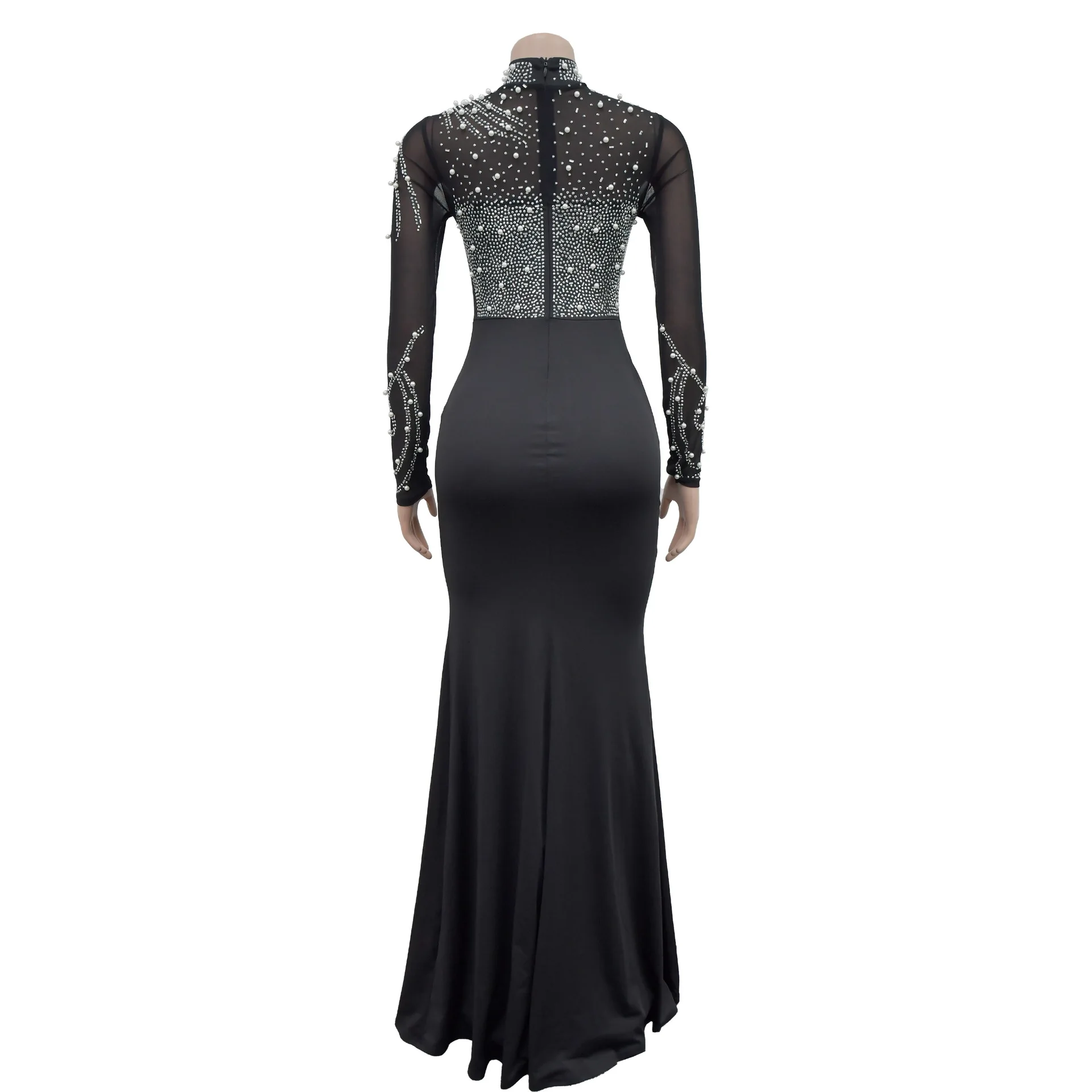 Nueva moda Sexy manga larga cuello redondo lentejuelas malla transparente Color sólido Slim Fit Split vaina vestido hasta el suelo para mujer, 3 colores