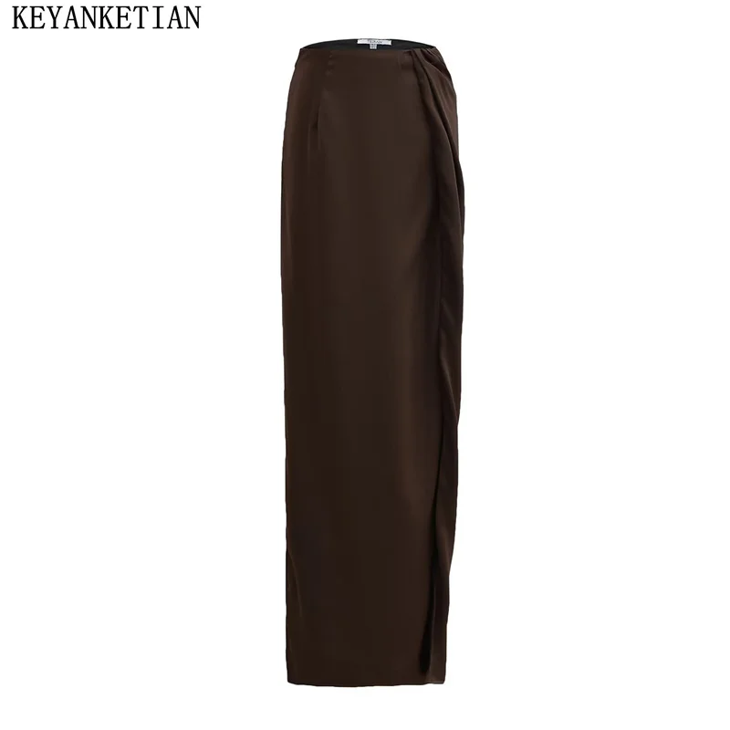 

KEYANKETIAN 2024 New Launch Women's Elegant Satin Skirt Pleated Decoration Slim Zipper High Waist Slit Ankle-Length MIDI Skirt