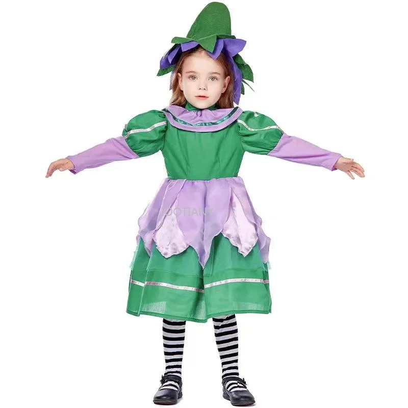 2024 Green Girls Flower Fairy Elf Cosplay Outfit Children Halloween Goblin Costumes Carnival Purim Parade Role Play Party Dress