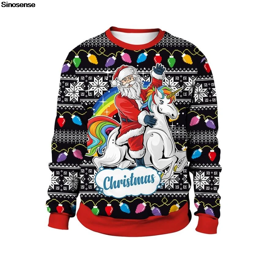 

Men Women Crewneck Xmas Sweatshirt 3D Funny Print Holiday Party Jumper Tops Pullover Santa Riding Unicorn Ugly Christmas Sweater
