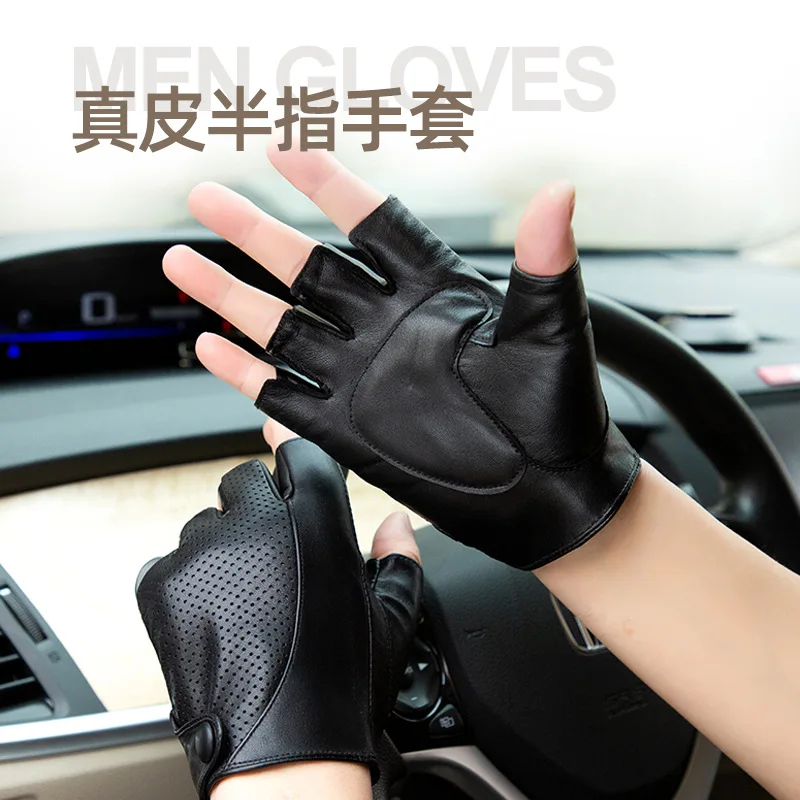 

Genuine Leather Men Half Finger Driving Cycling Non-Slip Ventilation guantes gym hombre Sheepskin Outdoor Sports Gloves