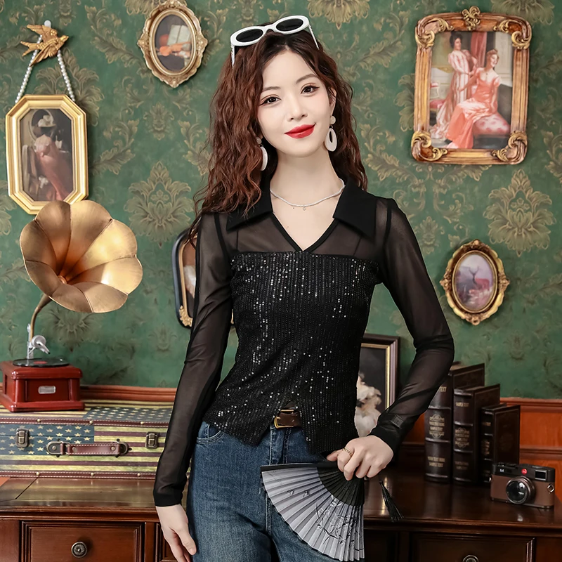 MadBlack European Clothes Tshirts Women Sexy Shiny Irregular Slit Sequin Slim Mesh Tops Long Sleeve Sunproof Tee Fall T46495JC