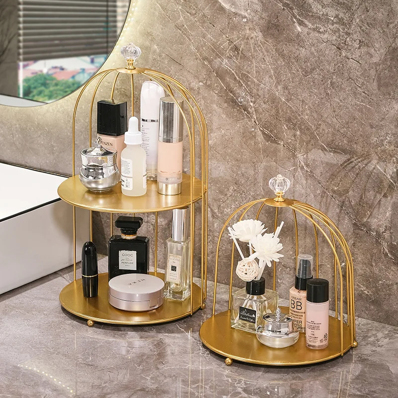 

European Cosmetics Bathroom Tray Stand Storage Rack Crystal Metal Sundries Desktop Bird Cage Home Decoration